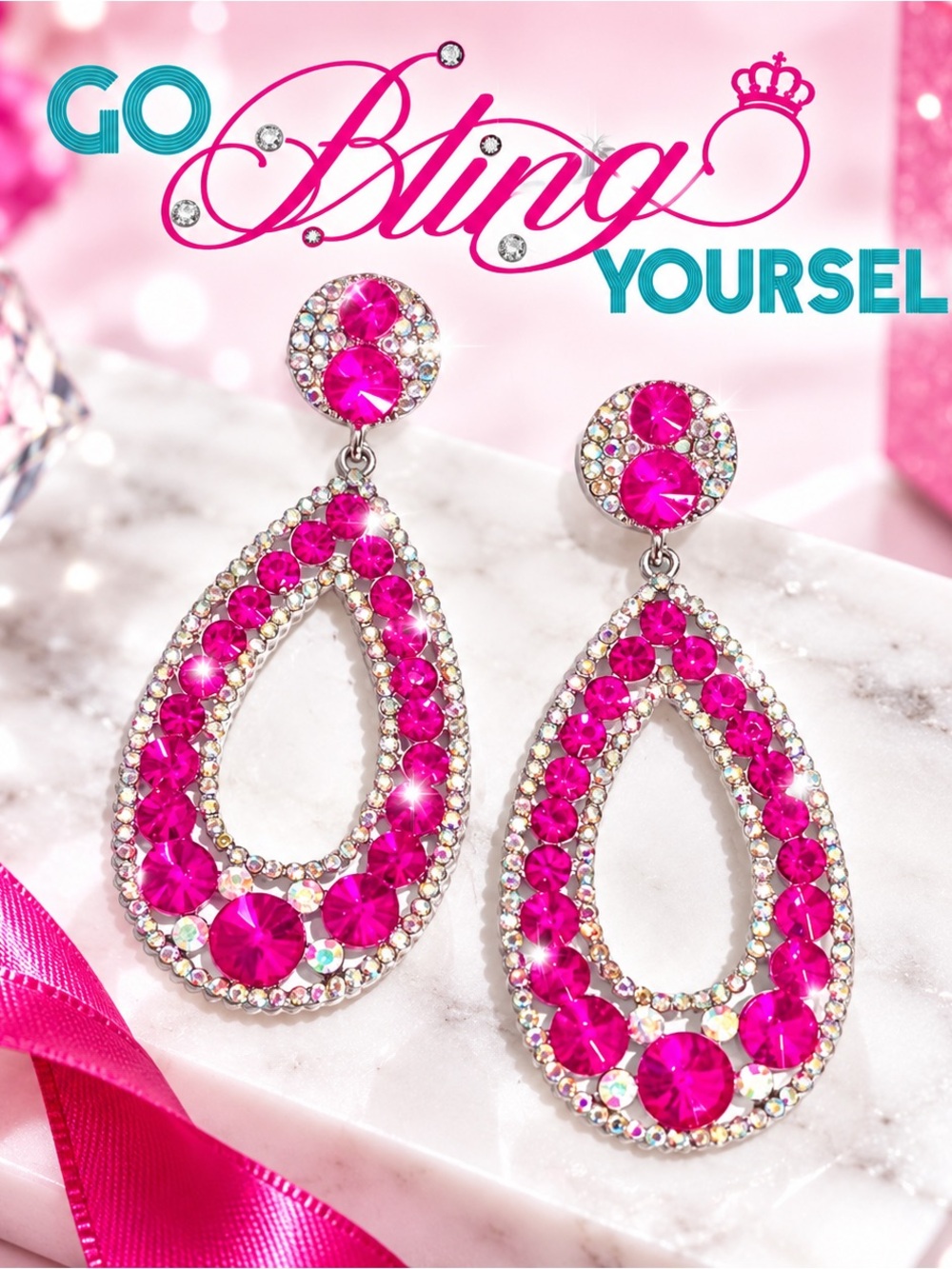 Custom Fuchsia Crystal Teardrop Statement Earrings